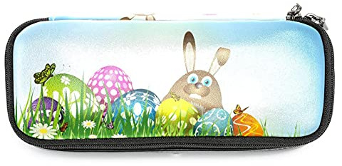 Mersov Easter Bunny in Grass with Eggs Pencil Bag Pouch Box Organizer with Compartment, Double Zipper Leather Students Stationery Storage Purse