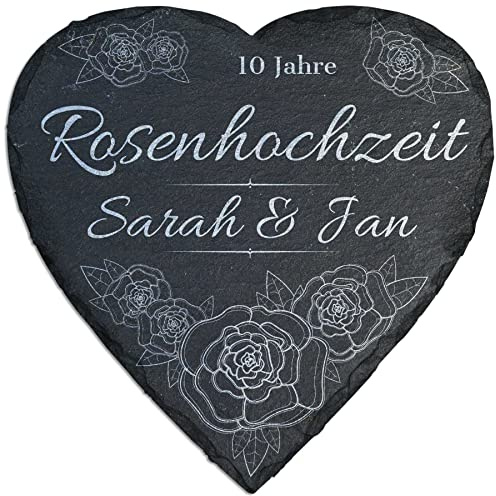 mtb more energy Personalisierbare Schiefertafel Herz ''10 Jahre Rosenhochzeit'' - individuell anpassbar - 25x25 cm - Laser Gravur auf Schieferherz - Hochzeit Geschenk