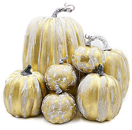 OTMVicor 7 Stück künstliche Kürbisse, Goldpinsel, weiße Schaumstoff-Kürbisse für Herbstsaison, Halloween, Erntedankfest, Festival-Dekorationen (Goldpinsel, weiß)