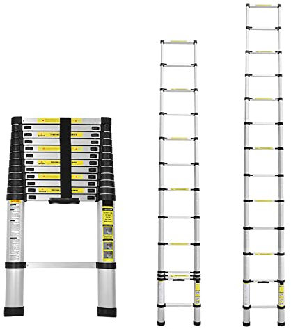 Yakimz 3,8m Scala Telescopica multiuso in Alluminio, Scala Portatile Allungabile, Antiscivolo, Multifunzionale, Leggero e Flessibile, Portata massima 150 kg (13 Pioli)