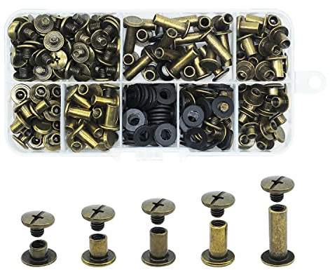 JINTANG 100 Juego de tornillos Chicago, remaches para cuero kit 4/6/8/10/15 mm, metal tornillo clavo remache botón Chicago, para DIY cinturón de cuero artesanía libro (Bronce)