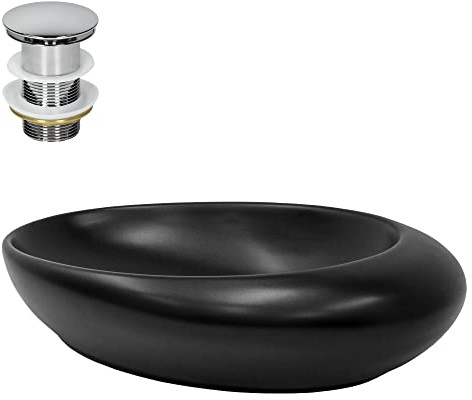 ML-Design Lavabo en Céramique Noir Mat, 585 x 375 x 145 mm, Ovale, Forme Galet, avec Bouchon de Vidange 1 1/4 Universel Push Open, Vasque à Poser Évier Lave-Mains Salle de Bain, Design Minimaliste