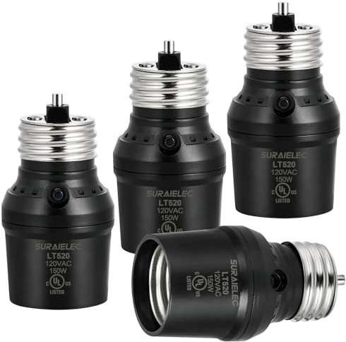 SURAIELEC Light Sensor Socket, Dusk to Dawn Sensor Socket, Adjustable Sensor Orientation, E26 E27 Base Bulb Adapter for Outdoor Lighting Fixtures, Black, UL Listed, 4 Pack