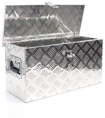 XPOtool Alu Kiste 60x25x30 cm mit Deckelüberstand verschließbar aus Aluminium Riffelblech, Truckbox, Werkzeugbox mit 2 Schlüsseln - Deichselbox Werkzeugkiste