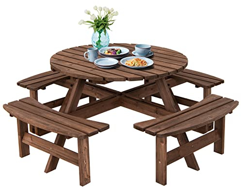 KOMFOTTEU Tavolo da Picnic per 8 Persone con Foro per Ombrellone, Tavolo con Panche in Legno di Abete, Set da Giardino Esterno per Bar, Agriturismo, Sagra, Patio, Balcone, φ179 x 70 cm (Marrone Scuro)