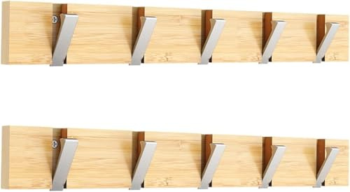 Anjuer Garderobenständer, Wandmontage, Kleiderständer, 5 Haken, robust, Huthalter, Bambus-Haken, silberfarben