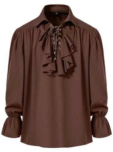 Camicia da uomo retrò rinascimentale steampunk vittoriana a maniche lunghe con colletto jabot medievale pirata allacciata, Caff, M