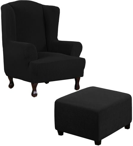 Thdsubb Ohrensessel Überzug Sesselbezug Sessel Sessel-Überwürfe Tiger Stuhlbezug Ottomane Schonbezug Hockerüberzug Husse Für Fußhocker (Schwarz,Ohrensessel+Quadrat XL)