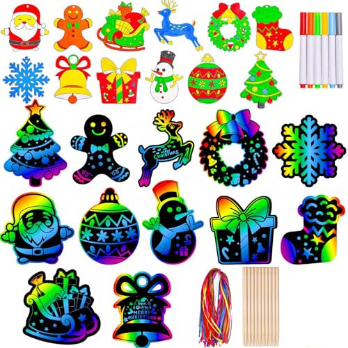 Johiux Weihnachten Kratzbilder für Kinder,48 Stück Weihnachten Bastelset Kleinigkeiten für Kinder,Mitgebsel Weihnachten Kinder Kinder Bastelset 5-6-7-8-9-10 Jahre Mädchen und Jungen Geschenk.