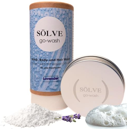 Sölve go-wash 3-in-1 Pulver Shampoo & Duschgel für Hände Körper & Haare mit Aluminiumdose | Powder-to-Foam | Leicht, plastikfrei & ideal für Kurztrips & Vanlife | Pflege Made in Germany