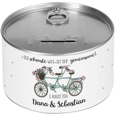 Herz & Heim® Spardose zum Aufreißen, Konservenform, zur Hochzeit mit Ihren Wunschangaben (Der gemeinsame Weg)