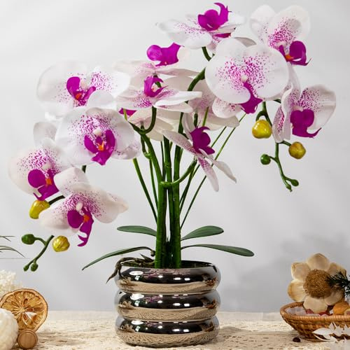 JARELING Artificial Orchids Flowers with Vase for Table Centerpieces, Real Touch Faux White Orchid Phalaenopsis in Ceramic Vase for Home Wedding Kitchen Decoration (Silver Vase, White Purple)
