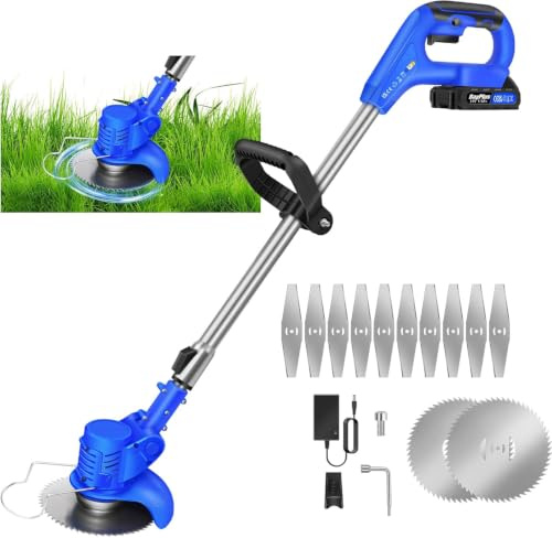 Coupe-Herbe Sans Fil 2 Batteries Lames Métal Herbe Électrique Puissante Jardin Bordures Mauvaises Herbes Gazon Set