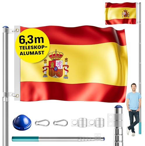 MONZANA® Asta Bandera Aluminio 6,30m Telescopica incl. Anclaje Suelo 60cm Bandera España Española