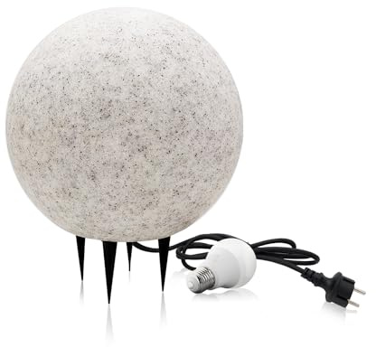 ekobi Stein Kugelleuchten Außen Wasserdicht und Winterfest IP65 Gartenlampe Aussen, IP65 Kabel 2m Garten Deko, Gartenleuchten mit Strom (ø28 cm (M) + Glühbirne)
