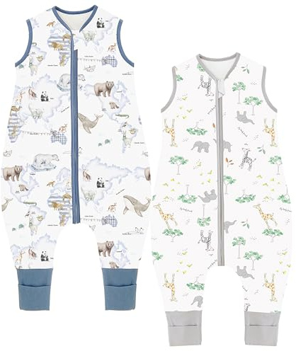 Chilsuessy Sacco nanna per bambini con piedi, confezione da 2 pezzi, 1,5 Tog, sacco a pelo per tutto l'anno, 100% cotone, con gambe, 1,5 tog/foresta di giraffa + carta animale, 70 cm, altezza del