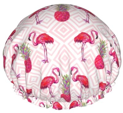 Wiederverwendbare Duschhaube für Damen, tropische Flamingo-Kiefern-Badehaube, doppellagig, wasserdicht, Dusch-Haarschutz, verstellbares Gummiband, Duschhut für Home-Spa-Salon, Badehauben