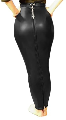 Pulcykp Damen Sexy PU Leder Hohe Taille Volle Reißverschlüsse Bodycon Hobble Bleistiftröcke Langer Rock Schwarz L