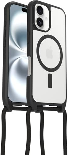 Otterbox Coque React Necklace MagSafe pour iPhone 16, Transparent/Noir | Coque de protection ultra fine avec collier réglable et amovible, testé selon les normes militaires