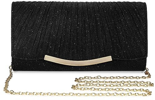 BAIGIO Glänzend Clutch Abendtasche Damen Umhängetasche Klein Handtasche Elegante Brauttasche mit Abnehmbarer Kette, Frauen Kettentasche für Hochzeit, Party, Cocktail, Abschlussball (Schwarz)