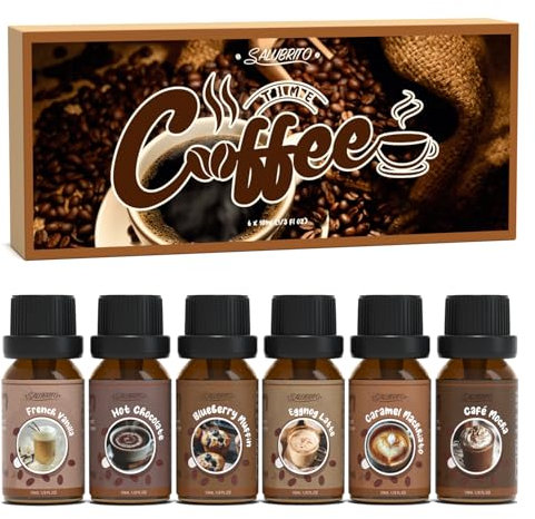 SALUBRITO Coffee Essential Oils Set, Fragrance Oil for Diffuser, Candle, Soap Making, Blueberry Muffin, Eggnog Latte, Caramel Machhiato, Cafe Mocha, French Vanilla, Hot Chocolate Scented Oil