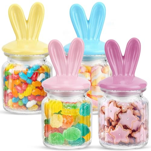 TOOYUMON Easter Centerpieces for Table - 4 Pcs Easter Candy Jar with Ceramic Bunny Ear Lids, Easter Cookie Jar for Coffee Bar Bunny Home Decor