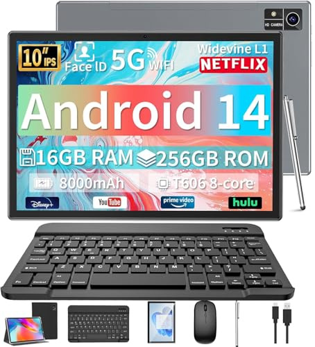 YLEEBG 10 Zoll Android 14 Tablet mit Tastatur, 16 GB RAM, 256 GB (1TB erweiterbar), Octa-Core, 8000 mAh, Dual-Kamera, Dual-Band-WLAN, 2-in-1 inkl. Tastatur, Hülle, Maus & Stift (Schwarz)