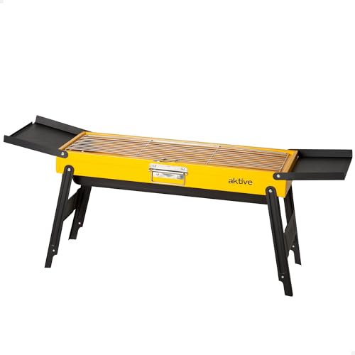 AKTIVE Barbecue a carbone pieghevole, in acciaio smaltato, 89 x 22 x 32 cm, con vassoi laterali ribaltabili, griglia in acciaio inox, vassoio rimovibile, design portatile, ideale per giardino e
