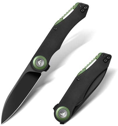 FLISSA Fickkniv, fällkniv, D2 rostfritt stål med svart titanbeläggning, vass utomhus och överlevnadskniv med G10-handtag, EDC-kniv med bältesklämma, för vardag, utomhus, jakt, camping, grön