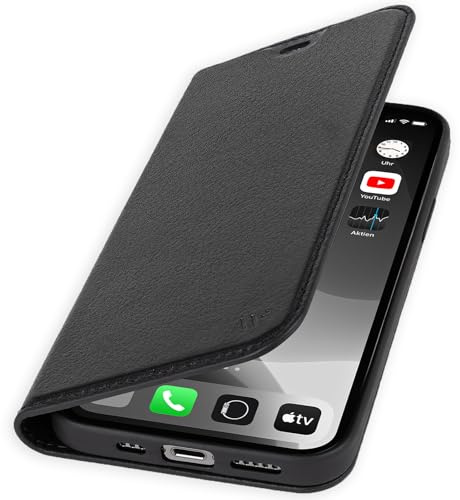 WIIUKA Hülle für iPhone 17e und 16e, Leder aus Deutschland, mit Kartenfach, extra Dünn, Handyhülle mit Standfunktion, Tasche Schwarz
