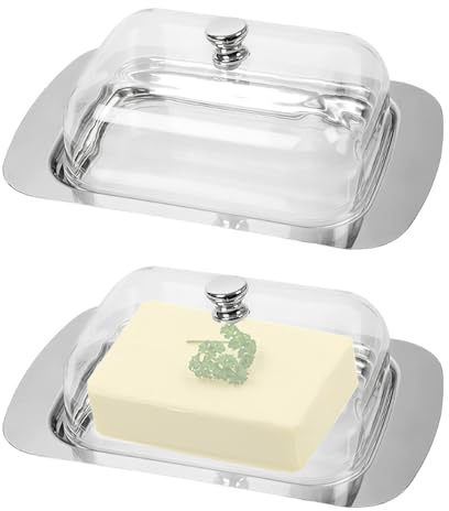 Beurrier hermétique avec couvercle pour comptoir et étagère de porte de réfrigérateur, beurrier (transparent, acier inoxydable)