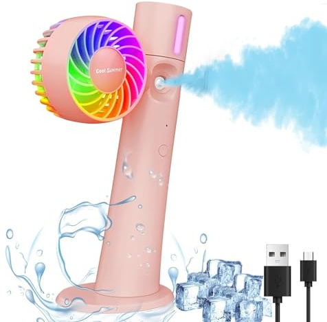 focombance Handheld Fan Misting Fan Clip Portable, 3 IN 1 Folding Hand Held Mister Fans Rechargeable 90-Degree Folding Spray Water Mist Fans Mini USB RGB Fan 34ml Travel Outdoors Pink