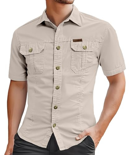 Foweknow Outdoor Shirt Men's Hiking Shirt Travel Safari Short Sleeve Shirt UV Protection Safari Shirt Quick-Drying Breathable Lightweight Functional Shirt Regular Fit Casual Shirt Work Shirt, beige, M