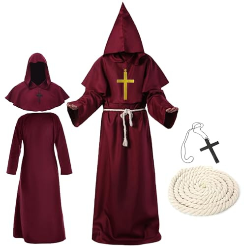 waziwe Mönchs kostüm, Priester kostüm herren, Robe Mittelalter Mönch Kutte Halloween Karneval Fasching kostüm herren mit Kapuze und Seilgürtel (Rot, XXL)