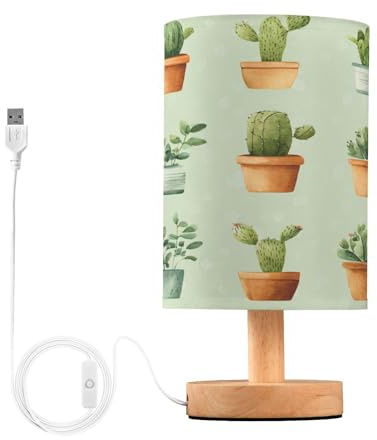 Cgiub Lampe de chevet en forme de cactus mignon pour chambre à coucher, lampe de chevet LED, lampe de lecture avec abat-jour en tissu, base en bois et port USB pour bureau, salon, chambre d'enfant