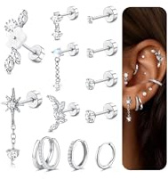 FANCH 12Pcs Piercing Oreille Acier Inoxydable pour Femme Boucles D'oreilles Helix Tragus Conch Daith Cartilage Acier Chirurgical Boucles D'oreilles Creoles Fleur CZ Oreille Piercing Bijoux Argent