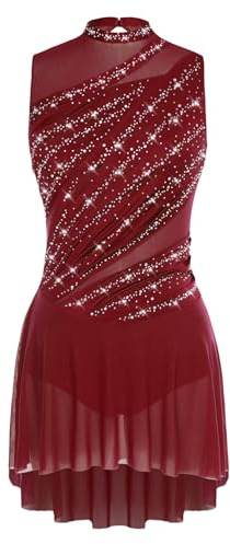 Yhong Abiti da Ballo per Pattinaggio Artistico Donna Body Senza Maniche con Paillettes Costume da Danza Ginnastica Ritmica Borgogna M
