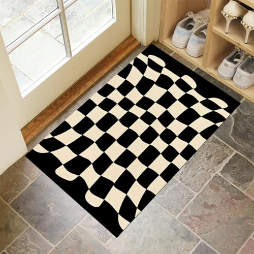 Schmutzfangmatte Innen, Schwarz Waschbarer Fussmatte, Schachbrett Abstrakt Verzerrt Gitter Teppiche, Niedriger Flor, rutschfest, Weiche, Eingangstürmatte für Flur Eingangsbereich Küche, 90x150 cm