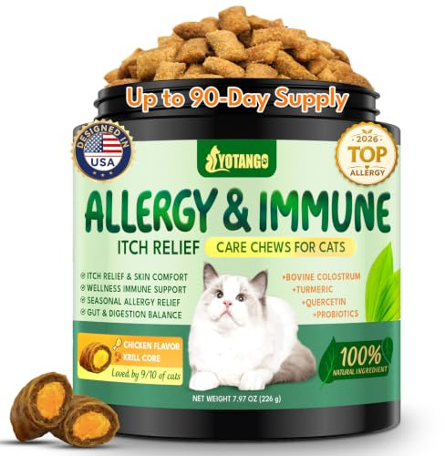YOTANGO Cat Allergy Relief Chews, Itchy Skin Relief for Cats, 500 Chews | Chicken-Flavoured Crunchy Chews with Colostrum, Quercetin and Probiotics for Skin, Immune and Digestive Support in Cats.