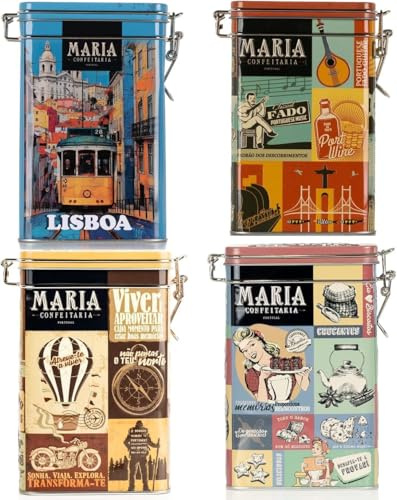 Colección de Galletas Artesanales Maria Confeitaria - Set de 4 Latas Vintage Lisboa, Portugalia, Viagem y caramelo salado - Galletas crujientes tradicionales 4 x 150 g