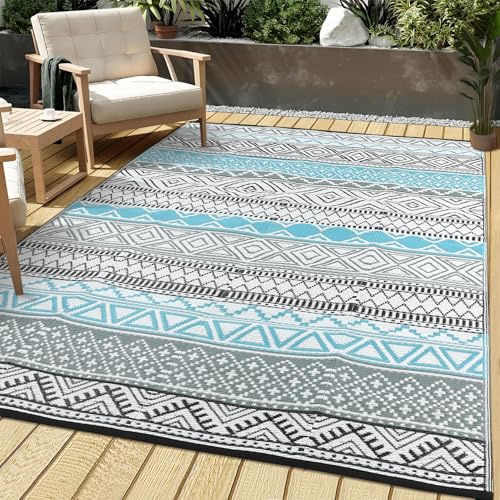 CAROMIO Tappeto da Patio Esterno Impermeabile 270 x 360 cm Reversibile Tappeto da Patio Campeggio in Paglia Plastica Tappeto Boho Geometrico Grande Tappetino da Pavimento per Camper, Terrazza, Camper