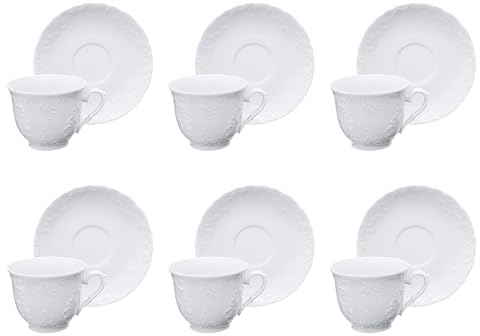 Excelsa Elisa Rococò Set 6 Tazze da Tè con Piattino, Capacità 210 Ml., Bianco, Porcellana, Decoro in rilievo