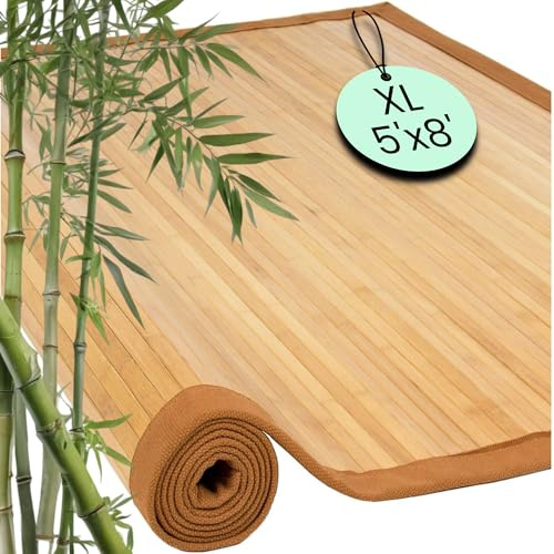 Queensell 5' x 8' Floor Mat Area Rug – Large Indoor Outdoor Runner, Handcrafted Bamboo-Rayon Blend Rug, Durable Polyester Mix, Soft and Stylish Accent for Living Room, Patio, or Entryway