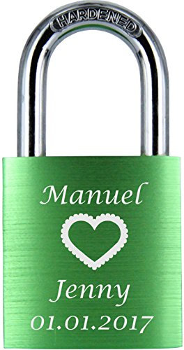 ♥ LoveGoals Liebesschloss mit Gravur | individuell graviert | Geschenk für Paare & Verliebte | Verpackung | Schloss mit 2 Schlüsseln | eloxiert | Motiv M020 | Farben Grün, Blau, Rot & Lila (Grün)