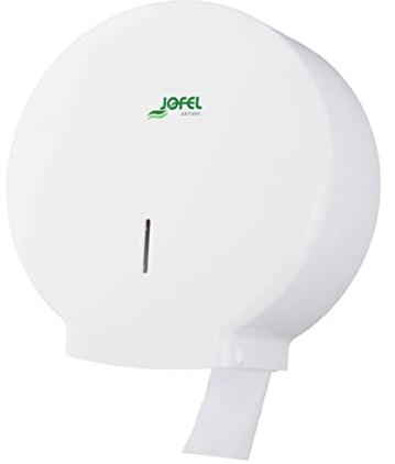 Jofel - Portarrollos de Papel Higiénico Industrial Mediano, Dispensador Rollos de hasta 300m, max. 220mm de Diámetro, Mandril 45mm, Ideal en Baños Públicos WC, Antibacteriano, Azur AE51700, ABS Blanco