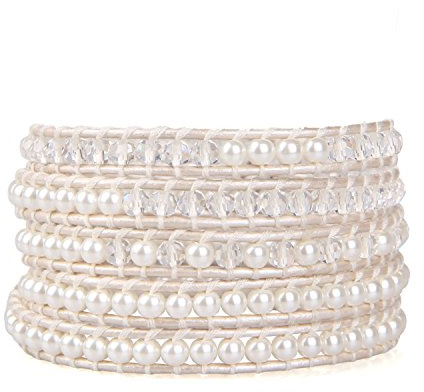 KELITCH Charm 5 Wickelarmbänder Perlenkristall Perlen Armbänder Leder Handkette Armreif Schmuck (Weiß)