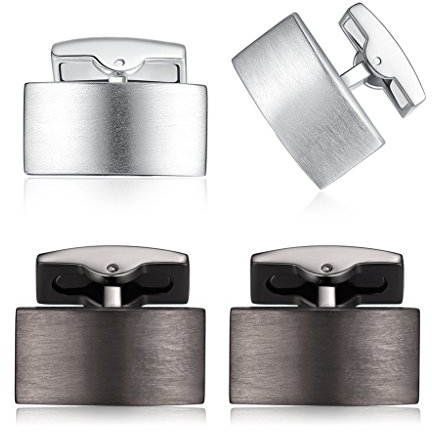 HONEY BEAR 2 Paar Herren Hochzeit Rechteck Manschettenknöpfe Cufflinks Set Edelstahl Manschettenknopf,Silber Schwarz (Pistole Schwarz+gebürstetes Silber mit Box)