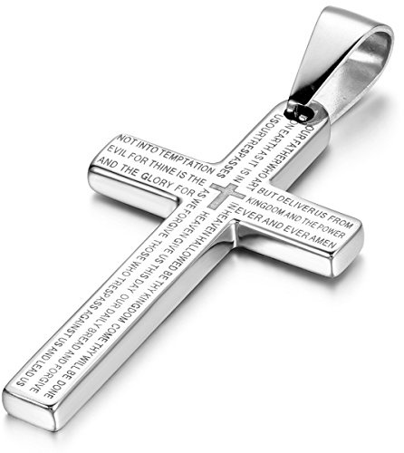 Cupimatch Silver Tone Stainless Steel Men Women Religious Lord's Prayer Cross Pendant Necklace with 22 Inch Chain (Silver)