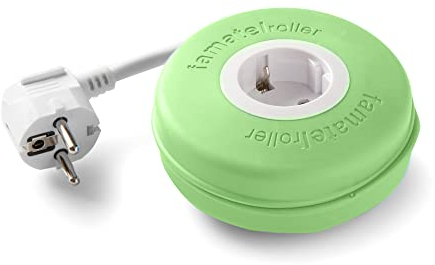 FAMATEL – Roller | Enrollable con 1 toma | 2 metros | Con material de silicona | Protección Infantil | Con una alta flexibilidad y resistencia | Verde