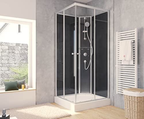 Schulte Komplettdusche Fertigdusche Rimini, 90 x 90 cm, Eckeinstieg, Sicherheitsglas (ESG) Klar hell (Duschkabine) und Schwarz (Rückwände), inkl, Duschsystem, Duschwanne, Duschtempel